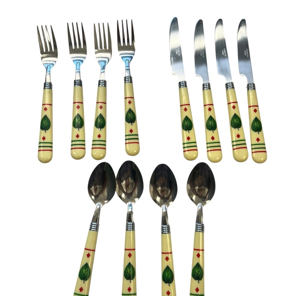 Vintage bake lite look leaf Patterned Cutlery Set - Cream and Green